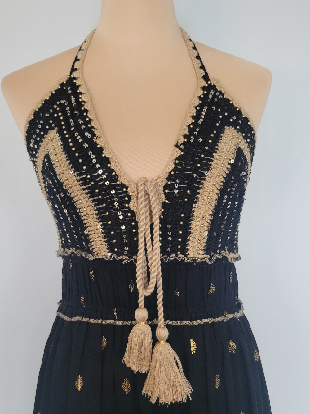 NWT Crochet Boho Coquette Bohemian Black Gold Tiered Maxi Dress Sz Large/XL - Picture 5 of 16
